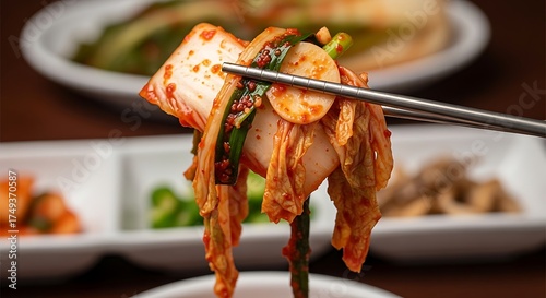 Fototapeta Naklejka Na Ścianę i Meble -  Kimchi Delight - A Close-Up of Korean Fermented Cabbage.