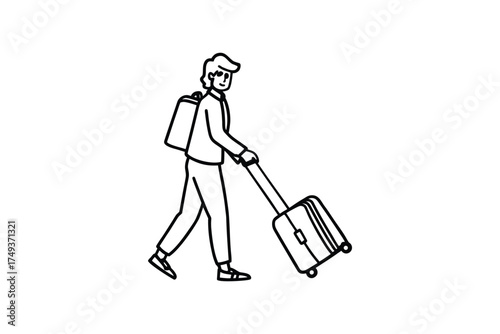 A traveler walking with luggage a simple black and white silhouette