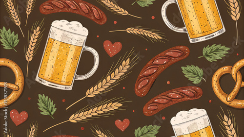 Watercolor Oktoberfest Background Pattern with Beer, Pretzels, Sausages, and Wheat