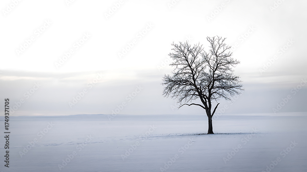 Fototapeta premium Solitary bare tree in a vast, snow-covered landscape under a pale sky alone single
