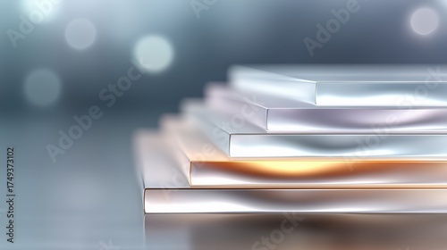 Futuristic stacked metallic surfaces with elegant gradient lighting
