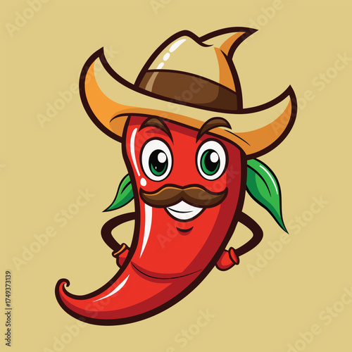 Cartoon Red Chili Pepper Character with Cowboy Hat and Mustache