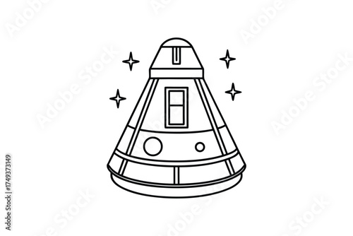 Simple black and white illustration of a spaceship with bright stars silhouette