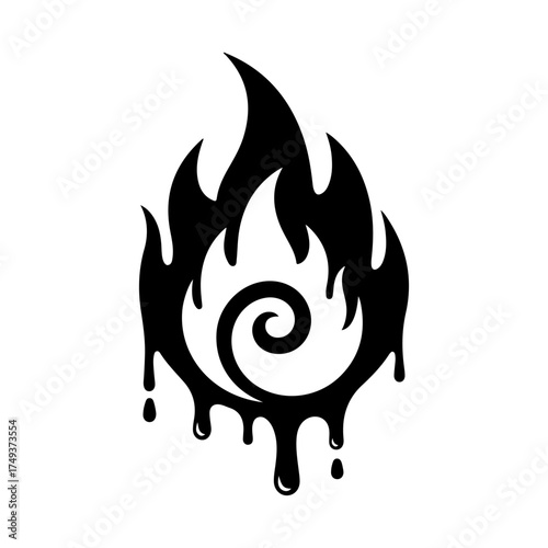 Graphic black fire symbol with spiral core and dripping liquid elements