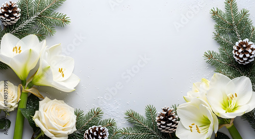 Winter background with pinecones, spruce branches and white flowers for Christmas design