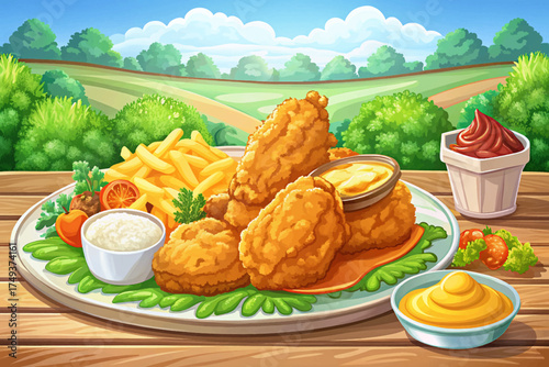 Southern fried chicken with crispy golden crust, mashed potatoes, and gravy a comfort food classic