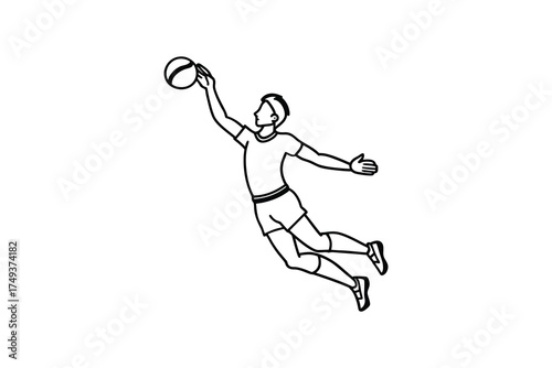 A dynamic illustration of a basketball player in mid air silhouette
