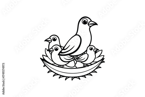 A mother bird with three chicks nestled in a woven basket silhouette