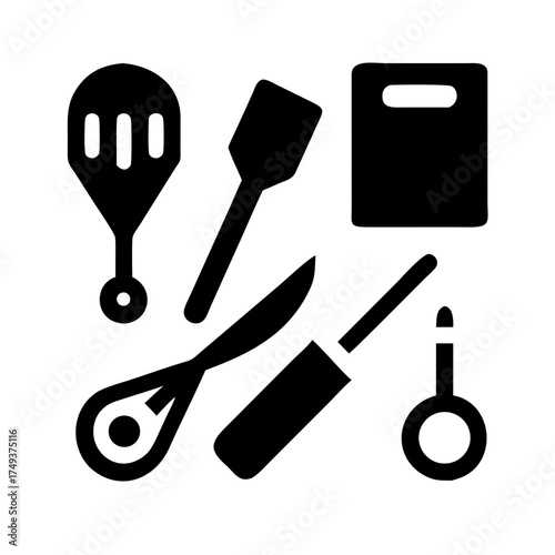 Kitchen utensils and cooking tools, top view