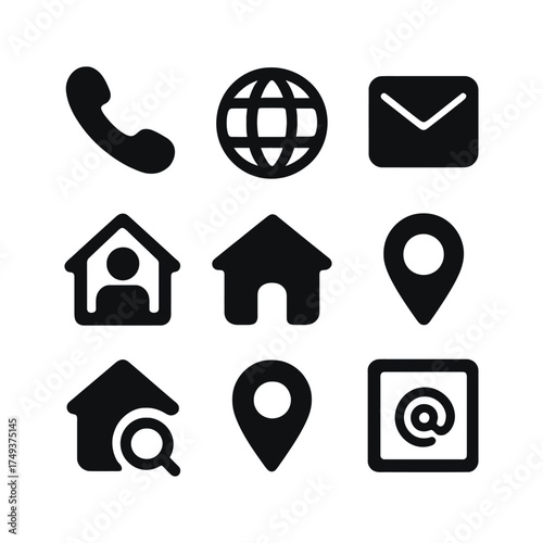 Nine black silhouette icons for contact and location services Keywords: contact, location, icon, phone, handset