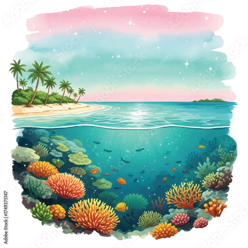Watercolor illustration depicting a tropical beach with palm trees above and a vibrant coral reef ecosystem below the ocean's surface.