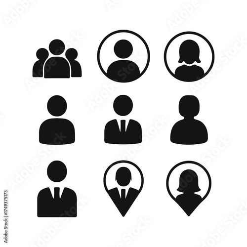 Set of nine black silhouette icons representing people and user profiles Keywords: people, group, user, profile