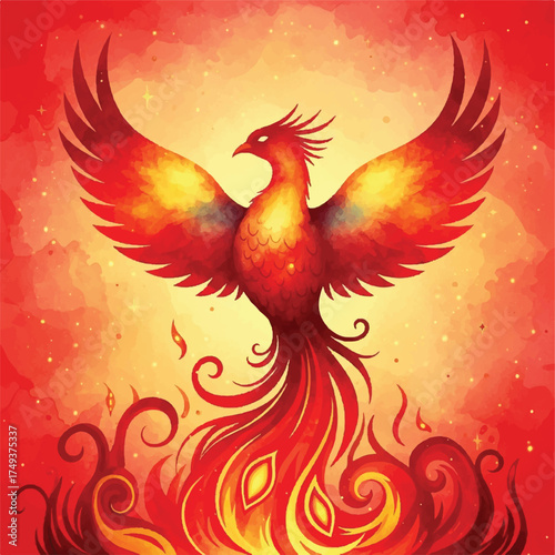 A vibrant digital painting of a phoenix rising from flames, depicted in shades of red, orange, and yellow, with wings spread wide.