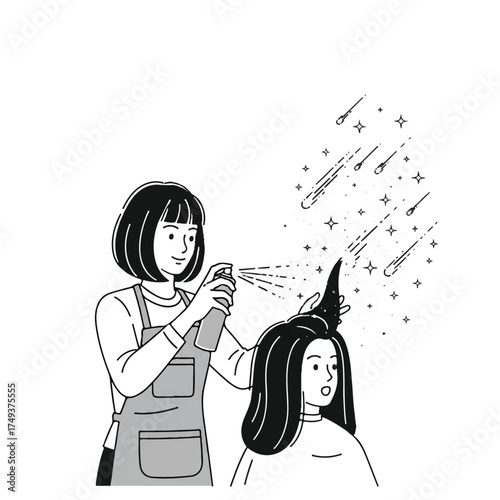 Stylist spraying hairspray on a client's hair, with sparkling effects suggesting a magical or glamorous transformation.