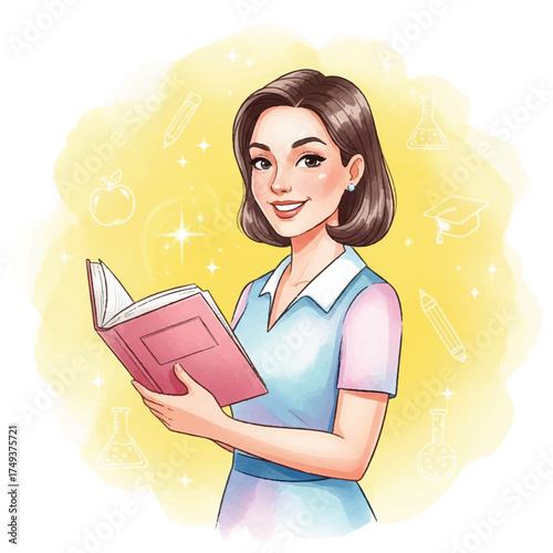 Illustration of a smiling woman holding a book, surrounded by education-related doodles on a yellow watercolor background.
