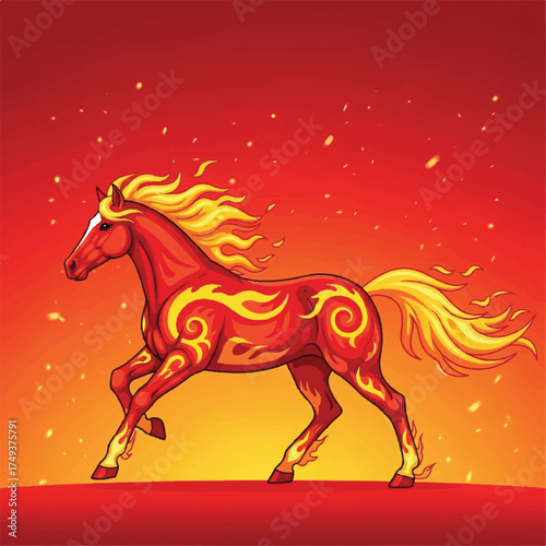A stylized red horse with a fiery mane and tail gallops against a gradient red and orange background with floating sparks.