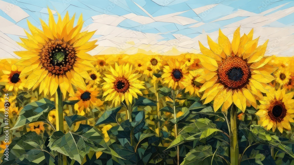 Fototapeta premium Vibrant Sunflower Field Under a Bright Blue Sky.