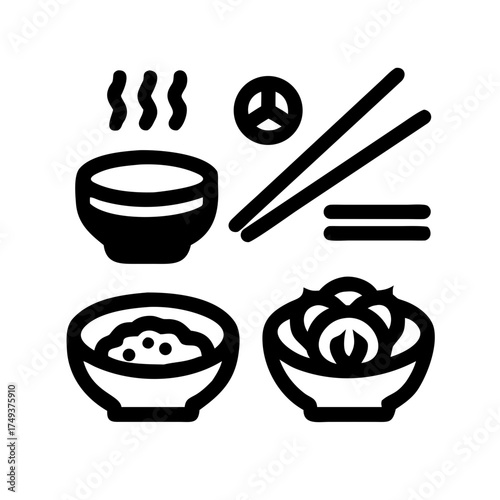 Asian cuisine icons featuring traditional dishes