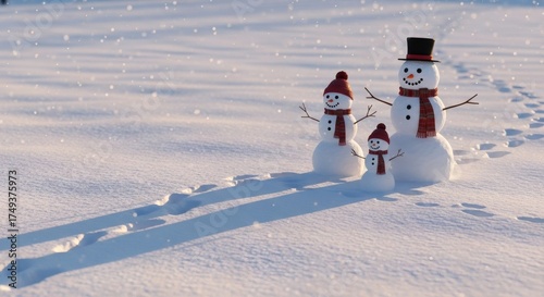 Three Snowmen Standing in a Snowy Field Under Falling Snowflakes With Long Shadows