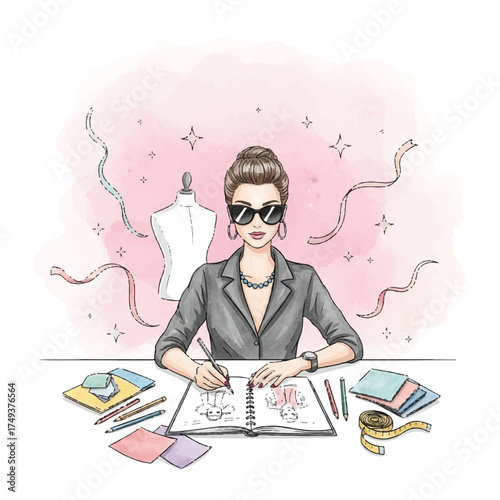 Illustration of a stylish female fashion designer sketching designs in a notebook, with a mannequin and design tools surrounding her.