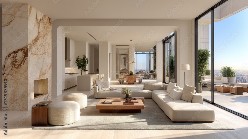 Fototapeta premium Let simplicity shine by choosing streamlined furniture, plenty of breathing room, and soft, neutral tones for an inviting space that never goes out of style.