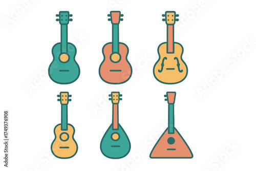 Six colorful string musical instruments set including guitars, mandolin, and balalaika