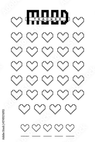 Pixel Heart Mood Tracker. Retro pixel art mood tracker with 8-bit hearts for monthly emotional tracking. Printable template for Valentines Day planner, bullet journal, love diary, and coloring page
