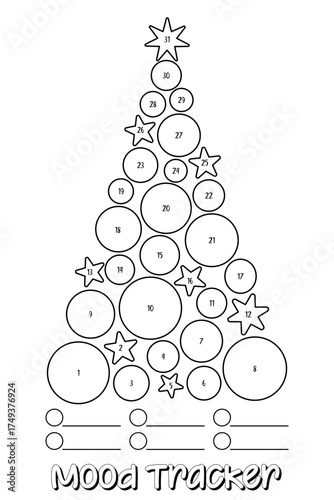 Christmas Tree Mood Tracker. Festive mood tracker shaped as Christmas tree with stars and ornaments for 31 days. Printable template for planner, holiday bullet journal, advent calendar, coloring page