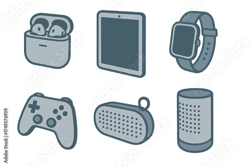 Modern electronic gadgets collection including wireless headphones, tablet, smartwatch, and game controller