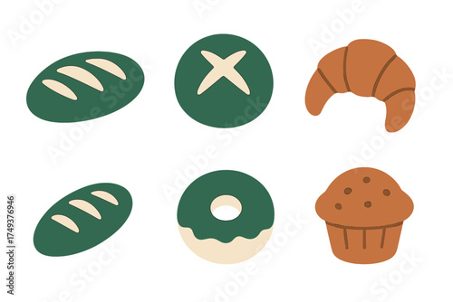 Stylized collection of baked goods including bread, croissant, donut, and muffin icons