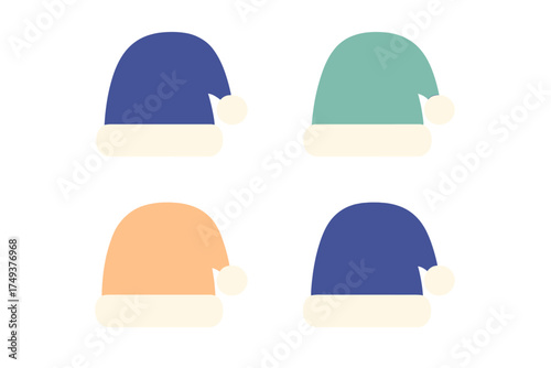 Four colorful holiday winter caps with white trim and pom-poms isolated on white background