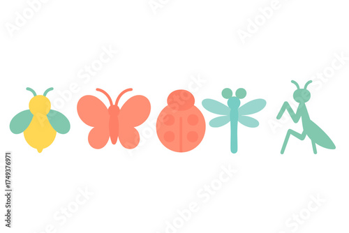 Cute minimalist insect set featuring bee, butterfly, ladybug, dragonfly, and praying mantis