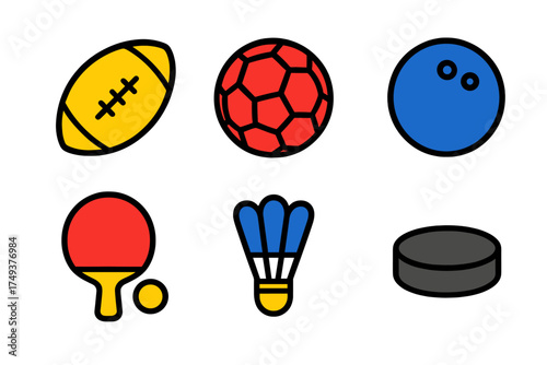 Colorful set of sports equipment including football, handball, bowling ball, table tennis paddle, and hockey puck