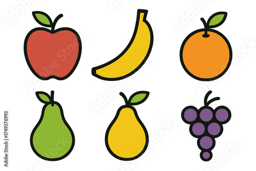 Collection of simple graphic icons featuring a variety of fresh and healthy fruits including apple, banana, orange, pear, and grapes
