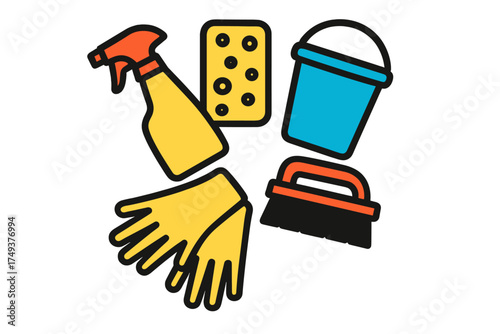 Colorful collection of household cleaning supplies and equipment for sanitation