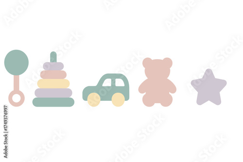 Pastel colored baby toys set including rattle stacking rings car teddy bear and star shape