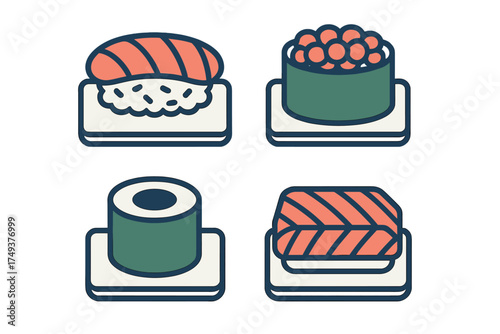 Stylized Japanese sushi icons set featuring salmon nigiri and roe gunkan maki