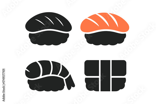 Simple graphic set of four Japanese sushi dishes including salmon nigiri and shrimp