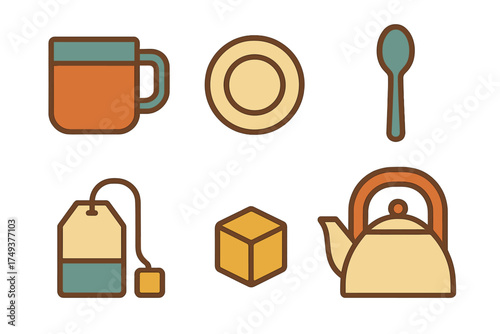 Retro style icons set for brewing and serving hot beverages like tea or coffee