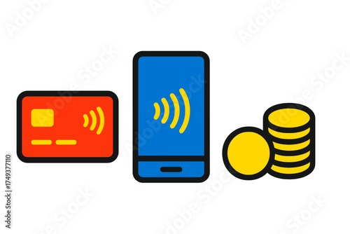 Contactless credit card, mobile phone, and stack of coins representing modern payment methods