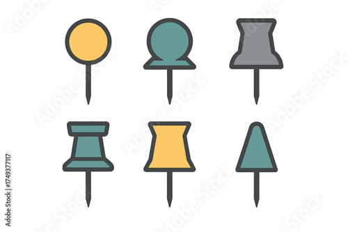 Six colorful pushpins and thumbtacks in various shapes used for office supplies and map location markers
