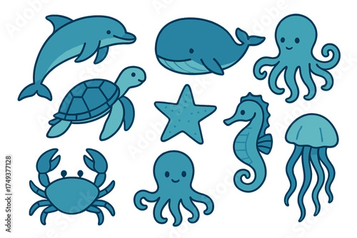 Cute blue marine animals set including dolphin, whale, sea turtle, and jellyfish