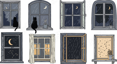 Cozy Night Window Views | Cat, Moon, and Constellation Illustration Set

Hand Drawn Color Sketches of Cozy Nighttime Window Scenes

Vector Illustrated Windows with Curtains, Stars, and Hot Drinks