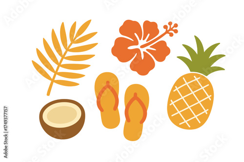 Set of tropical summer vacation elements including pineapple, hibiscus, coconut, and flip flops