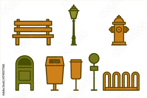 Collection of essential urban and park infrastructure elements including bench, lamppost, hydrant, and waste bins