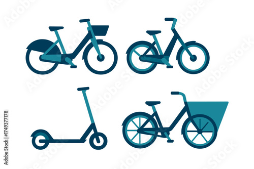 Collection of different bicycles and electric scooter for modern urban transportation
