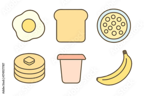 Minimalist outline icons of common breakfast foods like fried egg, toast, and pancakes