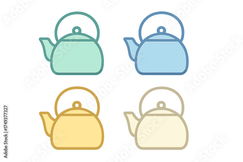 Colorful kitchen kettles and teapots for boiling water or brewing hot beverages