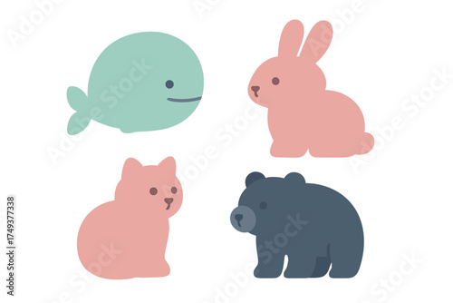 Cute pastel colored baby animals whale rabbit cat and bear for children