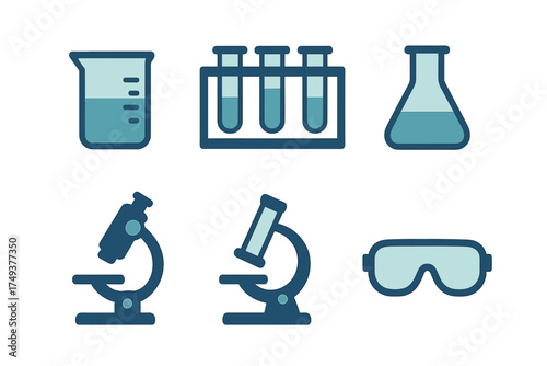Essential laboratory equipment icons: beakers, test tubes, flasks, microscopes, and safety goggles
